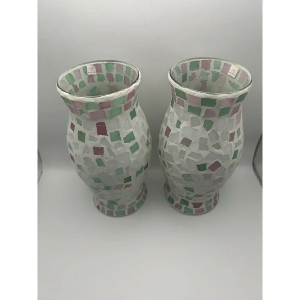 2-PC Mosaic Tile Stain Glass‎ Hurricane Candle Holders 9
